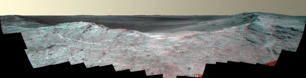 This stereo vista from the panoramic camera (Pancam) on NASA's Mars Exploration Rover Opportunity catches "Pillinger Point," on the western rim of Endeavour Crater, in the foreground. The May 14, 2014, image appears three-dimensional when seen through blue-red glasses with the red lens on the left. Image Credit: NASA/JPL-Caltech/Cornell Univ./Arizona State Univ. This stereo vista from the panoramic camera (Pancam) on NASA's Mars Exploration Rover Opportunity catches "Pillinger Point," on the western rim of Endeavour Crater, in the foreground. The May 14, 2014, image appears three-dimensional when seen through blue-red glasses with the red lens on the left. Image Credit: NASA/JPL-Caltech/Cornell Univ./Arizona State Univ.