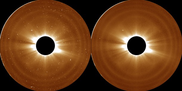 Scientists used these observations of the sun's atmosphere (the bright light of the sun itself is blocked by the black circle at the middle) from NASA's Solar Terrestrial Relations Observatory on Aug. 5, 2007, to define the outer limits of the solar atmosphere, the corona. Image Credit: NASA/STEREO Scientists used these observations of the sun's atmosphere (the bright light of the sun itself is blocked by the black circle at the middle) from NASA's Solar Terrestrial Relations Observatory on Aug. 5, 2007, to define the outer limits of the solar atmosphere, the corona. Image Credit: NASA/STEREO