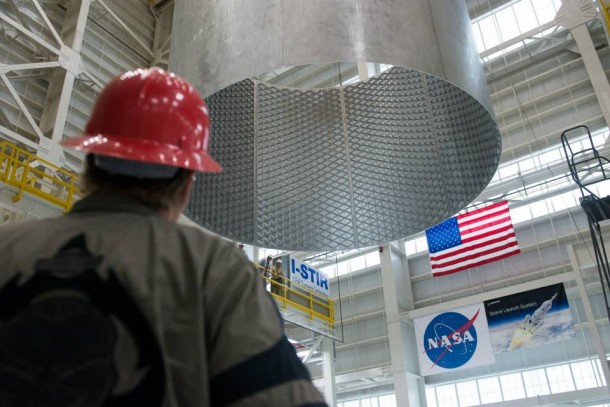 A barrel is lifted off the Vertical Weld Center (VWC) at NASA's Michoud Assembly Facility in New Orleans. Image Credit: NASA/MAF A barrel is lifted off the Vertical Weld Center (VWC) at NASA's Michoud Assembly Facility in New Orleans. Image Credit: NASA/MAF