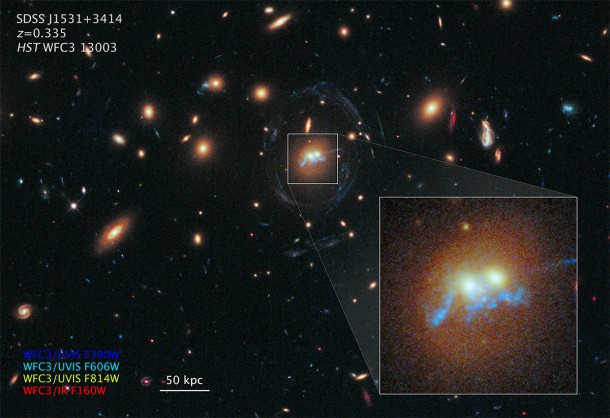 NASA's Hubble Space Telescope photographed a 100,000-light-year-long structure that looks like a string of pearls twisted into a corkscrew shape winds around the cores of the two massive galaxies. The “pearls” are superclusters of blazing, blue-white, newly born stars. Image Credit: NASA/ESA NASA's Hubble Space Telescope photographed a 100,000-light-year-long structure that looks like a string of pearls twisted into a corkscrew shape winds around the cores of the two massive galaxies. The “pearls” are superclusters of blazing, blue-white, newly born stars. Image Credit: NASA/ESA