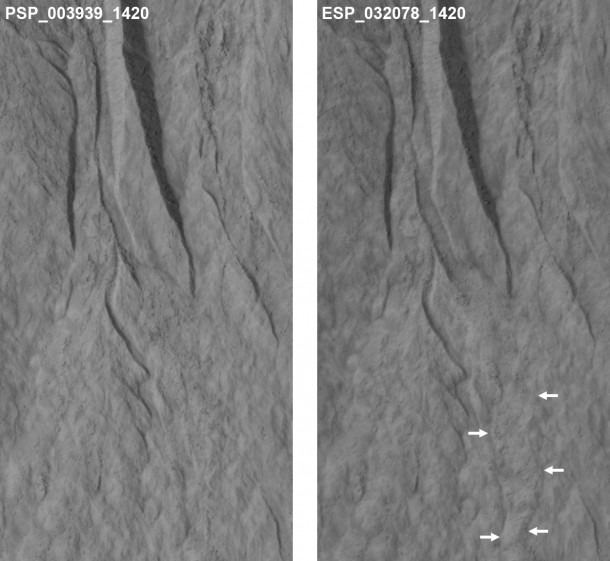 This pair of images covers one of many sites on Mars where researchers use the HiRISE camera on NASA's Mars Reconnaissance Orbiter to study changes in gullies on slopes. Changes such as the ones visible in deposits near the lower end of this gully occur during winter and early spring on Mars. Image Credit: NASA/JPL This pair of images covers one of many sites on Mars where researchers use the HiRISE camera on NASA's Mars Reconnaissance Orbiter to study changes in gullies on slopes. Changes such as the ones visible in deposits near the lower end of this gully occur during winter and early spring on Mars. Image Credit: NASA/JPL