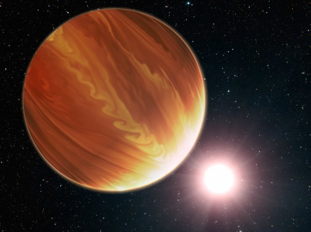 This is an artistic illustration of the gas giant planet HD 209458b in the constellation Pegasus. To the surprise of astronomers, they have found much less water vapor in the hot world’s atmosphere than standard planet-formation models predict. Image Credit: NASA, ESA, G. Bacon (STScI) and N. Madhusudhan (UC) This is an artistic illustration of the gas giant planet HD 209458b in the constellation Pegasus. To the surprise of astronomers, they have found much less water vapor in the hot world’s atmosphere than standard planet-formation models predict. Image Credit: NASA, ESA, G. Bacon (STScI) and N. Madhusudhan (UC)