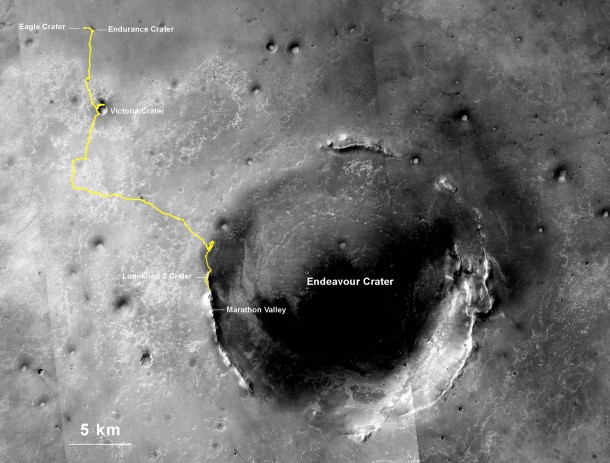 NASA's Mars Exploration Rover Opportunity, working on Mars since January 2004, passed 25 miles of total driving on July 27, 2014. The gold line on this map shows Opportunity's route from the landing site inside Eagle Crater (upper left) to its location after the July 27 (Sol 3735) drive. Image Credit: NASA/JPL-Caltech/MSSS/NMMNHS NASA's Mars Exploration Rover Opportunity, working on Mars since January 2004, passed 25 miles of total driving on July 27, 2014. The gold line on this map shows Opportunity's route from the landing site inside Eagle Crater (upper left) to its location after the July 27 (Sol 3735) drive. Image Credit: NASA/JPL-Caltech/MSSS/NMMNHS