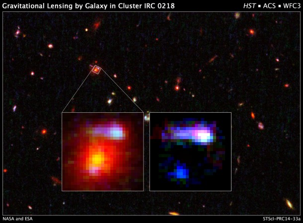The farthest cosmic lens yet found, a massive elliptical galaxy, is shown in the inset image at left. The galaxy existed 9.6 billion years ago and belongs to the galaxy cluster, IRC 0218. Image Credit: NASA and ESA The farthest cosmic lens yet found, a massive elliptical galaxy, is shown in the inset image at left. The galaxy existed 9.6 billion years ago and belongs to the galaxy cluster, IRC 0218. Image Credit: NASA and ESA