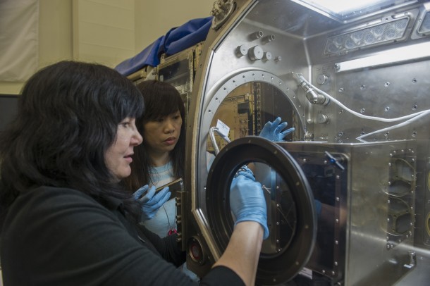 United Space Alliance engineer Cynthia Azzarita, left, and Boeing Company engineer Chen Deng, members of the Human Factors Integration Team at NASA's Johnson Space Center, conduct a "human factors and integration" check of the 3-D printer at the Marshall Center. (MSFC/Emmett Given) United Space Alliance engineer Cynthia Azzarita, left, and Boeing Company engineer Chen Deng, members of the Human Factors Integration Team at NASA's Johnson Space Center, conduct a "human factors and integration" check of the 3-D printer at the Marshall Center. (MSFC/Emmett Given)