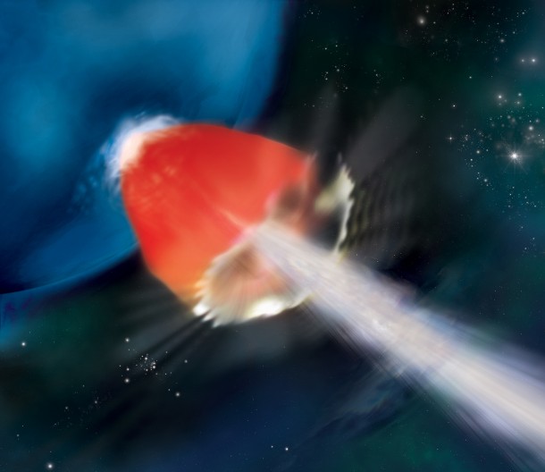In this artist's rendering of GRB 130925A, a sheath of hot, X-ray-emitting gas (red) surrounds a particle jet (white) blasting through the star's surface at nearly the speed of light. The source may have been a metal-poor blue supergiant, an important proxy for the universe's first stars. Image Credit: NASA/Swift/A. Simonnet, Sonoma State Univ. In this artist's rendering of GRB 130925A, a sheath of hot, X-ray-emitting gas (red) surrounds a particle jet (white) blasting through the star's surface at nearly the speed of light. The source may have been a metal-poor blue supergiant, an important proxy for the universe's first stars. Image Credit: NASA/Swift/A. Simonnet, Sonoma State Univ.