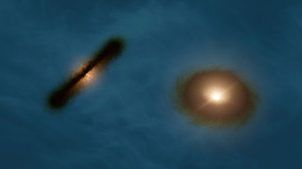 This artist’s impression shows a striking pair of wildly misaligned planet-forming gas discs around both the young stars in the binary system HK Tauri. ALMA observations of this system have provided the clearest picture ever of protoplanetary discs in a double star. The new result demonstrates one possible way to explain why so many exoplanets — unlike the planets in the Solar System — came to have strange, eccentric or inclined orbits. Credit: R. Hurt (NASA/JPL-Caltech/IPAC) This artist’s impression shows a striking pair of wildly misaligned planet-forming gas discs around both the young stars in the binary system HK Tauri. ALMA observations of this system have provided the clearest picture ever of protoplanetary discs in a double star. The new result demonstrates one possible way to explain why so many exoplanets — unlike the planets in the Solar System — came to have strange, eccentric or inclined orbits. Credit: R. Hurt (NASA/JPL-Caltech/IPAC)