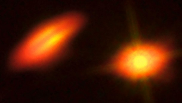 This image of the binary system HK Tauri combines visible light and infrared data from the NASA/ESA Hubble Space Telescope with new data from ALMA. The ALMA observations of this system have provided the clearest picture ever of protoplanetary discs in a double star. The new result demonstrates one possible way to explain why so many exoplanets — unlike the planets in the Solar System — came to have strange, eccentric or inclined orbits. Credit: B. Saxton (NRAO/AUI/NSF); K. Stapelfeldt et al. (NASA/ESA Hubble) This image of the binary system HK Tauri combines visible light and infrared data from the NASA/ESA Hubble Space Telescope with new data from ALMA. The ALMA observations of this system have provided the clearest picture ever of protoplanetary discs in a double star. The new result demonstrates one possible way to explain why so many exoplanets — unlike the planets in the Solar System — came to have strange, eccentric or inclined orbits. Credit: B. Saxton (NRAO/AUI/NSF); K. Stapelfeldt et al. (NASA/ESA Hubble)