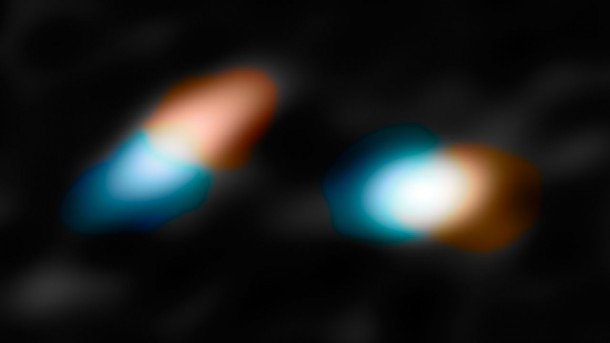 This picture shows the key velocity data taken with ALMA that helped the astronomers determine that the discs in HK Tauri were misaligned. The red areas represent material moving away from Earth and the blue indicates material moving toward us. Credit: NASA/JPL-Caltech/R. Hurt (IPAC) This picture shows the key velocity data taken with ALMA that helped the astronomers determine that the discs in HK Tauri were misaligned. The red areas represent material moving away from Earth and the blue indicates material moving toward us. Credit: NASA/JPL-Caltech/R. Hurt (IPAC)