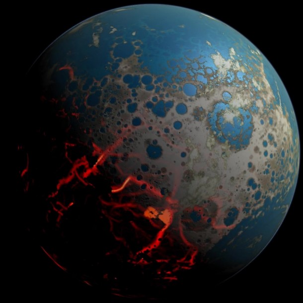 An artistic conception of the early Earth, showing a surface pummeled by large impact, resulting in extrusion of deep seated magma onto the surface. At the same time, distal portion of the surface could have retained liquid water. Image Credit: Simone Marchi An artistic conception of the early Earth, showing a surface pummeled by large impact, resulting in extrusion of deep seated magma onto the surface. At the same time, distal portion of the surface could have retained liquid water. Image Credit: Simone Marchi
