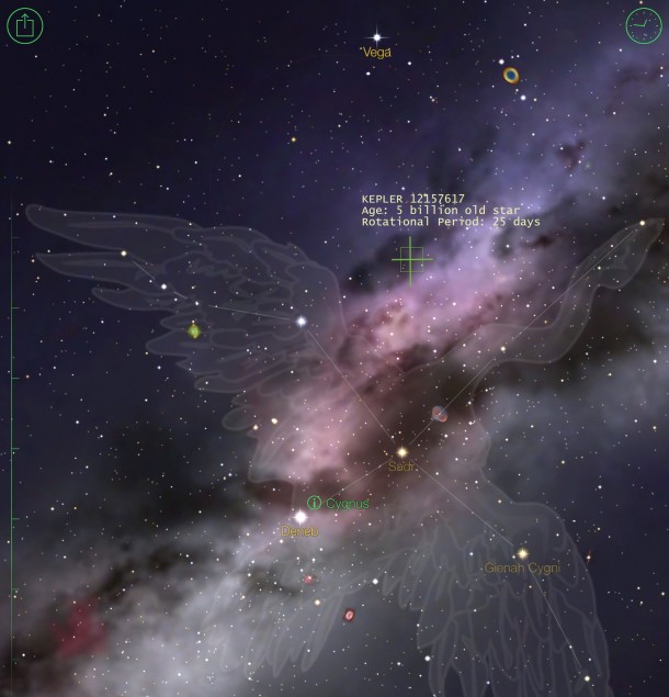 Finder chart for one of the most Sun-like stars examined in this study. KIC 12157617 is located in the constellation Cygnus, about halfway between the bright stars Vega and Deneb (two members of the Summer Triangle). An 8-inch or larger telescope is advised for trying to spot this 12th-magnitude star. CfA, created using StarWalkHD (VT 7.0.3) and MAST and the Virtual Observatory (VO) Finder chart for one of the most Sun-like stars examined in this study. KIC 12157617 is located in the constellation Cygnus, about halfway between the bright stars Vega and Deneb (two members of the Summer Triangle). An 8-inch or larger telescope is advised for trying to spot this 12th-magnitude star. CfA, created using StarWalkHD (VT 7.0.3) and MAST and the Virtual Observatory (VO)