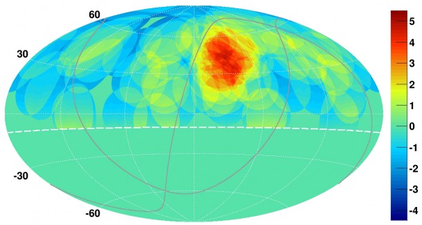 This map of the northern sky shows cosmic ray concentrations, with a “hotspot” with a disproportionate number of cosmic rays shown as the bright red and yellow spot, upper right. An international team of physicists using the University of Utah-operated Telescope Array near Delta, Utah, say their discovery of the hotspot should narrow the search for the mysterious source or sources of ultrahigh-energy cosmic rays, which carry more energy than any other known particle in the universe. Photo Credit: K. Kawata, University of Tokyo Institute for Cosmic Ray Research. This map of the northern sky shows cosmic ray concentrations, with a “hotspot” with a disproportionate number of cosmic rays shown as the bright red and yellow spot, upper right. An international team of physicists using the University of Utah-operated Telescope Array near Delta, Utah, say their discovery of the hotspot should narrow the search for the mysterious source or sources of ultrahigh-energy cosmic rays, which carry more energy than any other known particle in the universe. Photo Credit: K. Kawata, University of Tokyo Institute for Cosmic Ray Research.
