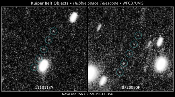 These images are from a Hubble Space Telescope survey to find Kuiper Belt objects (KBOs) in support of NASA's New Horizons mission to Pluto. The Kuiper Belt is a debris field of icy bodies left over from the solar system's formation 4.6 billion years ago. Credit: NASA, ESA, SwRI, JHU/APL, and the New Horizons KBO Search Team These images are from a Hubble Space Telescope survey to find Kuiper Belt objects (KBOs) in support of NASA's New Horizons mission to Pluto. The Kuiper Belt is a debris field of icy bodies left over from the solar system's formation 4.6 billion years ago. Credit: NASA, ESA, SwRI, JHU/APL, and the New Horizons KBO Search Team