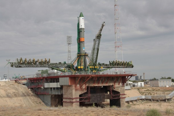 The ISS Progress 56 cargo ship is erected on the launch pad at the Baikonur Cosmodrome in Kazakhstan. Image Credit: Roscosmos The ISS Progress 56 cargo ship is erected on the launch pad at the Baikonur Cosmodrome in Kazakhstan. Image Credit: Roscosmos
