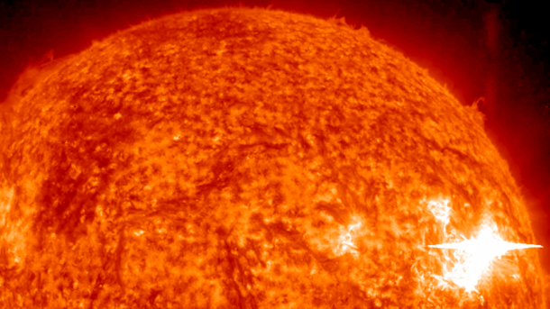 A solar flare erupted on the far side of the sun on June 4, 2011, and sent solar neutrons out into space. Solar neutrons don't make it to all the way to Earth, but NASA's MESSENGER, orbiting Mercury, found strong evidence for the neutrons, offering a new technique to study these giant explosions. Image Credit: NASA/STEREO/Helioviewer A solar flare erupted on the far side of the sun on June 4, 2011, and sent solar neutrons out into space. Solar neutrons don't make it to all the way to Earth, but NASA's MESSENGER, orbiting Mercury, found strong evidence for the neutrons, offering a new technique to study these giant explosions. Image Credit: NASA/STEREO/Helioviewer