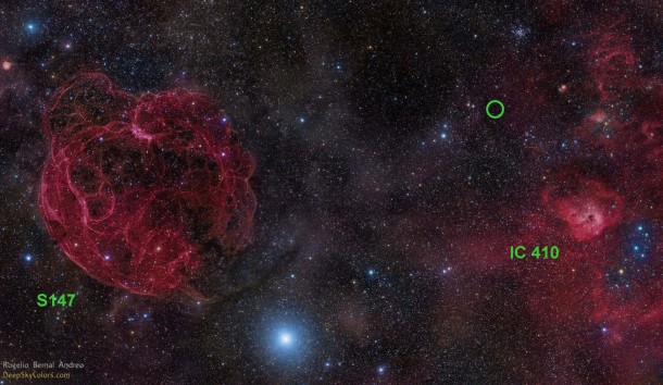 Optical sky image of the area in the constellation Auriga where the fast radio burst FRB 121102 has been detected. The position of the burst, between the old supernova remnant S147 (left) and the star formation region IC 410 (right) is marked with a green circle. The burst appears to originate from much deeper in space, far beyond our galaxy. CREDIT: Rogelio Bernal Andreo (DeepSkyColors.com). Optical sky image of the area in the constellation Auriga where the fast radio burst FRB 121102 has been detected. The position of the burst, between the old supernova remnant S147 (left) and the star formation region IC 410 (right) is marked with a green circle. The burst appears to originate from much deeper in space, far beyond our galaxy. CREDIT: Rogelio Bernal Andreo (DeepSkyColors.com).