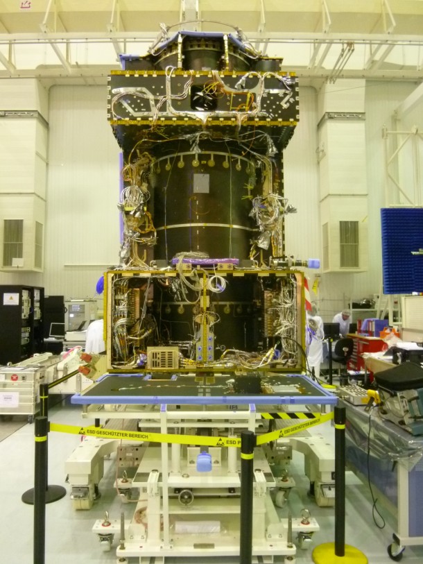 This June 2014 image from the clean room at Thales Alenia Space, in Cannes, France, shows ongoing assembly of the European Space Agency's ExoMars Trace Gas Orbiter, including the first of the orbiter's two Electra UHF relay radios provided by NASA. Image Credit: NASA/JPL-Caltech/ESA/TAS This June 2014 image from the clean room at Thales Alenia Space, in Cannes, France, shows ongoing assembly of the European Space Agency's ExoMars Trace Gas Orbiter, including the first of the orbiter's two Electra UHF relay radios provided by NASA. Image Credit: NASA/JPL-Caltech/ESA/TAS