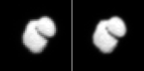 The OSIRIS instrument on the European Space Agency's Rosetta spacecraft photographed the mission's destination comet on July 14, 2014, from about 7,500 miles away. The images show that comet 67P/Churyumov-Gerasimenko has a two-part shape. The version at right is enhanced with interpolated data. Image Credit: ESA/Rosetta/MPS/UPD/LAM/IAA/SSO/INTA/UPM/DASP/IDA The OSIRIS instrument on the European Space Agency's Rosetta spacecraft photographed the mission's destination comet on July 14, 2014, from about 7,500 miles away. The images show that comet 67P/Churyumov-Gerasimenko has a two-part shape. The version at right is enhanced with interpolated data. Image Credit: ESA/Rosetta/MPS/UPD/LAM/IAA/SSO/INTA/UPM/DASP/IDA