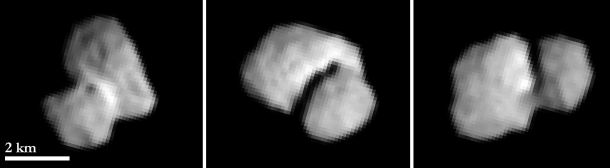 Comet 67P/Churyumov-Gerasimenko was imaged by the European Space Agency's Rosetta spacecraft on July 20, 2014, from a distance of approximately 3,400 miles (5,500 kilometers). These three images were taken two hours apart. Image Credit: ESA/Rosetta/MPS for OSIRIS Team/MPS/UPD/LAM/IAA/SSO/INTA/UPM Comet 67P/Churyumov-Gerasimenko was imaged by the European Space Agency's Rosetta spacecraft on July 20, 2014, from a distance of approximately 3,400 miles (5,500 kilometers). These three images were taken two hours apart. Image Credit: ESA/Rosetta/MPS for OSIRIS Team/MPS/UPD/LAM/IAA/SSO/INTA/UPM