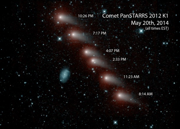 NASA's NEOWISE mission captured this series of pictures of comet C/2012 K1 -- also known as comet Pan-STARRS -- as it swept across our skies on May 20, 2014. Image Credit: NASA/JPL-Caltech NASA's NEOWISE mission captured this series of pictures of comet C/2012 K1 -- also known as comet Pan-STARRS -- as it swept across our skies on May 20, 2014. Image Credit: NASA/JPL-Caltech