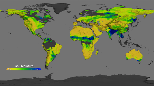 This image shows what the soil moisture conditions around the planet were like in August 2013: dry areas are represented in the brown scale, while wetter areas are in blue and green. Image Credit: NASA Goddard's Science Visualization Studio/T. Schindler This image shows what the soil moisture conditions around the planet were like in August 2013: dry areas are represented in the brown scale, while wetter areas are in blue and green. Image Credit: NASA Goddard's Science Visualization Studio/T. Schindler