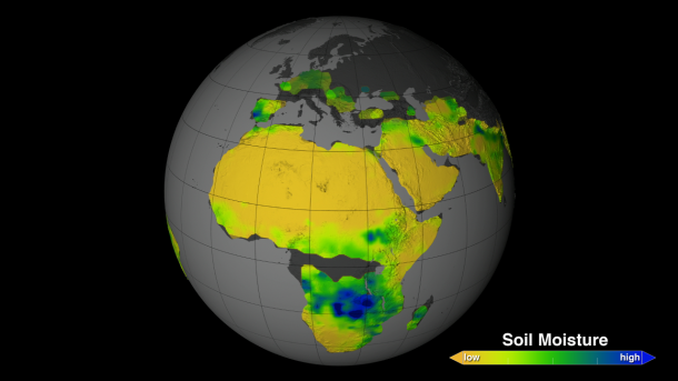 This image of Africa, taken in January 2013, shows the typical rain pattern for the continent during the Southern Hemisphere's summer: a wide band of wet soil (in blue) matching the rain belt has moved south from the equator as summer progresses. Image Credit: NASA Goddard's Science Visualization Studio/T. Schindler This image of Africa, taken in January 2013, shows the typical rain pattern for the continent during the Southern Hemisphere's summer: a wide band of wet soil (in blue) matching the rain belt has moved south from the equator as summer progresses. Image Credit: NASA Goddard's Science Visualization Studio/T. Schindler