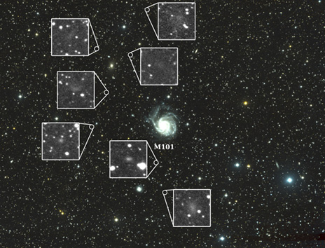 This image shows the field of view from the Dragonfly Telephoto Array, centered on M101. Inset images highlight the seven new galaxies. Credit: Yale University This image shows the field of view from the Dragonfly Telephoto Array, centered on M101. Inset images highlight the seven new galaxies. Credit: Yale University