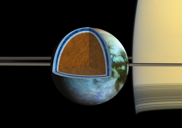 Researchers found that Titan's ice shell, which overlies a very salty ocean, varies in thickness around the moon, suggesting the crust is in the process of becoming rigid. Image Credit: NASA/JPL/SSI/Univ. of Arizona/G. Mitri/University of Nantes Researchers found that Titan's ice shell, which overlies a very salty ocean, varies in thickness around the moon, suggesting the crust is in the process of becoming rigid. Image Credit: NASA/JPL/SSI/Univ. of Arizona/G. Mitri/University of Nantes