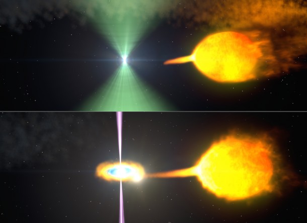 These artist's renderings show one model of pulsar J1023 before (top) and after (bottom) its radio beacon (green) vanished. Normally, the pulsar's wind staves off the companion's gas stream. When the stream surges, an accretion disk forms and gamma-ray particle jets (magenta) obscure the radio beam. Image Credit: NASA's Goddard Space Flight Center These artist's renderings show one model of pulsar J1023 before (top) and after (bottom) its radio beacon (green) vanished. Normally, the pulsar's wind staves off the companion's gas stream. When the stream surges, an accretion disk forms and gamma-ray particle jets (magenta) obscure the radio beam. Image Credit: NASA's Goddard Space Flight Center