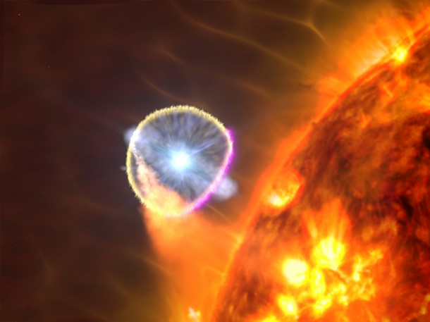 The white dwarf star in V407 Cygni, shown here in an artist's concept, went nova in 2010. Scientists think the outburst primarily emitted gamma rays (magenta) as the blast wave plowed through the gas-rich environment near the system's red giant star. Image Credit: NASA's Goddard Space Flight Center/S. Wiessinger The white dwarf star in V407 Cygni, shown here in an artist's concept, went nova in 2010. Scientists think the outburst primarily emitted gamma rays (magenta) as the blast wave plowed through the gas-rich environment near the system's red giant star. Image Credit: NASA's Goddard Space Flight Center/S. Wiessinger