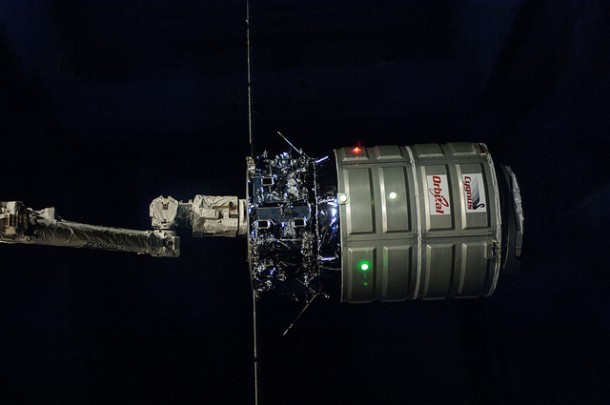 The Cygnus is in the grips of Canadarm2 moments before being released in Feb. 18, 2014 during Expedition 38. The Cygnus is in the grips of Canadarm2 moments before being released in Feb. 18, 2014 during Expedition 38.