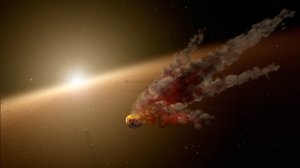 This artist’s concept shows the immediate aftermath of a large asteroid impact around NGC 2547-ID8, a 35-million-year-old sun-like star. NASA's Spitzer Space Telescope witnessed a giant surge in dust around the star, likely the result of two asteroids colliding. Image Credit: NASA/JPL-Caltech This artist’s concept shows the immediate aftermath of a large asteroid impact around NGC 2547-ID8, a 35-million-year-old sun-like star. NASA's Spitzer Space Telescope witnessed a giant surge in dust around the star, likely the result of two asteroids colliding. Image Credit: NASA/JPL-Caltech