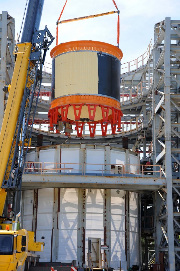 One of the largest composite cryotanks ever built recently completed a battery of tests at NASA's Marshall Space Flight Center in Huntsville, Alabama. The tank was lowered into a structural test stand where it was tested with cryogenic hydrogen and structural loads were applied to simulate stresses the tank would experience during launch. Image Credit: NASA/David Olive One of the largest composite cryotanks ever built recently completed a battery of tests at NASA's Marshall Space Flight Center in Huntsville, Alabama. The tank was lowered into a structural test stand where it was tested with cryogenic hydrogen and structural loads were applied to simulate stresses the tank would experience during launch. Image Credit: NASA/David Olive