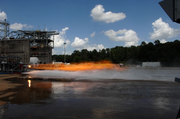 Engineers just completed hot-fire testing with two 3-D printed rocket injectors. Certain features of the rocket components were designed to increase rocket engine performance. The injector mixed liquid oxygen and gaseous hydrogen together, which combusted at temperatures over 6,000 degrees Fahrenheit, producing more than 20,000 pounds of thrust. Image Credit: NASA photo/David Olive Engineers just completed hot-fire testing with two 3-D printed rocket injectors. Certain features of the rocket components were designed to increase rocket engine performance. The injector mixed liquid oxygen and gaseous hydrogen together, which combusted at temperatures over 6,000 degrees Fahrenheit, producing more than 20,000 pounds of thrust. Image Credit: NASA photo/David Olive