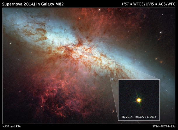 Supernova SN2014J in nearby galaxy M82. Copyright NASA/ESA/A. Goobar (Stockholm University)/Hubble Heritage Team (STScI/AURA) Supernova SN2014J in nearby galaxy M82. Copyright NASA/ESA/A. Goobar (Stockholm University)/Hubble Heritage Team (STScI/AURA)