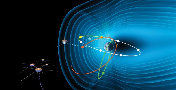 Twelve spacecraft in Earth’s magnetosphere – in addition to other missions -- helped scientists better observe and understand an unusual January 2005 solar storm. The four Cluster spacecraft were in the solar wind, directly upstream of Earth. Picture not to scale. Image Credit: ESA Twelve spacecraft in Earth’s magnetosphere – in addition to other missions -- helped scientists better observe and understand an unusual January 2005 solar storm. The four Cluster spacecraft were in the solar wind, directly upstream of Earth. Picture not to scale. Image Credit: ESA
