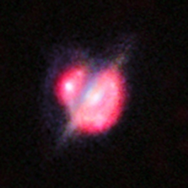 This picture combines the views from the NASA/ESA Hubble Space Telescope and the Keck-II telescope on Hawaii (using adaptive optics) along with the ALMA images shown in red. The ALMA data also give information about the motions of the material in the distant merging galaxies and were vital in unravelling the complex object. Credit: ALMA (ESO/NAOJ/NRAO)/NASA/ESA/W. M. Keck Observatory This picture combines the views from the NASA/ESA Hubble Space Telescope and the Keck-II telescope on Hawaii (using adaptive optics) along with the ALMA images shown in red. The ALMA data also give information about the motions of the material in the distant merging galaxies and were vital in unravelling the complex object. Credit: ALMA (ESO/NAOJ/NRAO)/NASA/ESA/W. M. Keck Observatory