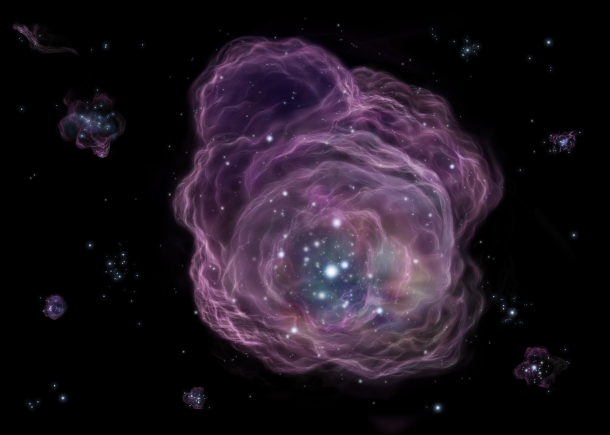 Figure 4: Artist's rendition of massive, luminous first-generation stars in the Universe which would form a cluster. The most massive ones, which could be over a 100 times more massive than the Sun, exploded and ejected material that included heavy elements, particularly iron. (Credit: NAOJ) Figure 4: Artist's rendition of massive, luminous first-generation stars in the Universe which would form a cluster. The most massive ones, which could be over a 100 times more massive than the Sun, exploded and ejected material that included heavy elements, particularly iron. (Credit: NAOJ)