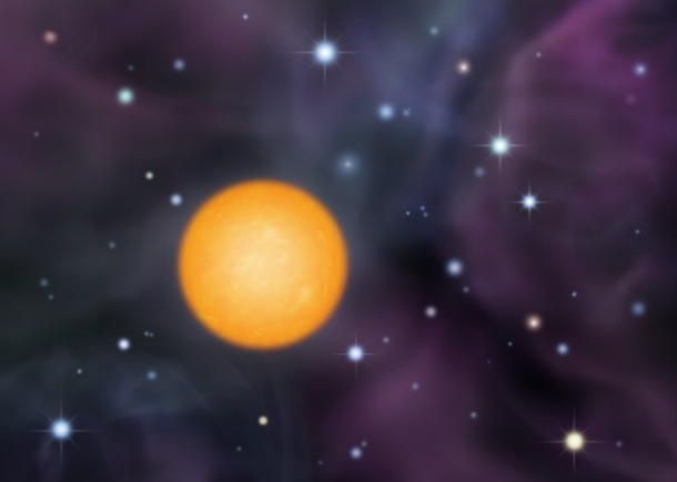 Figure 5: Artist's rendition of new generations of stars. The material that included heavy elements from the first-generation, very-massive stars mixed with hydrogen around the star. New generations of stars formed from the gas clouds that included small amount of heavy elements. SDSS J0018-0939, a low-mass star with a long lifetime, formed as one of these second-generation stars, recording the products of a first-generation very-massive star. (Credit: NAOJ) Figure 5: Artist's rendition of new generations of stars. The material that included heavy elements from the first-generation, very-massive stars mixed with hydrogen around the star. New generations of stars formed from the gas clouds that included small amount of heavy elements. SDSS J0018-0939, a low-mass star with a long lifetime, formed as one of these second-generation stars, recording the products of a first-generation very-massive star. (Credit: NAOJ)