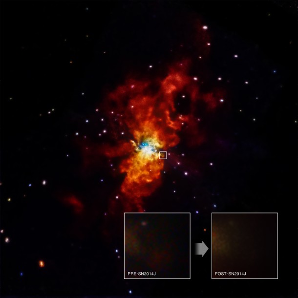 SN 2014J is a Type Ia supernova, an important class of objects used to measure the expansion of the Universe. The non-detection of X-rays from Chandra gives information about the environment around the star before SN 2014J exploded. NASA/CXC/SAO/R.Margutti et al SN 2014J is a Type Ia supernova, an important class of objects used to measure the expansion of the Universe. The non-detection of X-rays from Chandra gives information about the environment around the star before SN 2014J exploded. NASA/CXC/SAO/R.Margutti et al