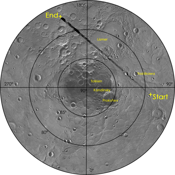 MESSENGER captured the images in the flyover movie during this flight path over Mercury's north polar region. Image Credit: NASA MESSENGER captured the images in the flyover movie during this flight path over Mercury's north polar region. Image Credit: NASA