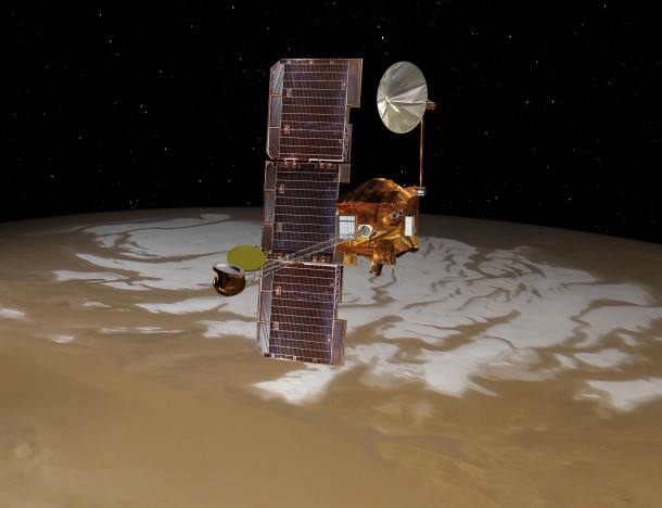 NASA's Mars Odyssey spacecraft passes above Mars' south pole in this artist's concept illustration. The spacecraft has been orbiting Mars since October 24, 2001. Image Credit: NASA/JPL-Caltech NASA's Mars Odyssey spacecraft passes above Mars' south pole in this artist's concept illustration. The spacecraft has been orbiting Mars since October 24, 2001. Image Credit: NASA/JPL-Caltech