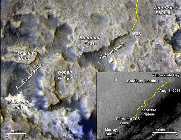 The main map shows landforms near NASA's Curiosity Mars rover as the rover's second anniversary of landing on Mars nears. The gold traverse line ends at Curiosity's position as of July 31, 2014 (Sol 705). The inset shows the entire traverse and the remaining distance to Murray Buttes. Image Credit: NASA/JPL-Caltech/Univ. of Arizona The main map shows landforms near NASA's Curiosity Mars rover as the rover's second anniversary of landing on Mars nears. The gold traverse line ends at Curiosity's position as of July 31, 2014 (Sol 705). The inset shows the entire traverse and the remaining distance to Murray Buttes. Image Credit: NASA/JPL-Caltech/Univ. of Arizona