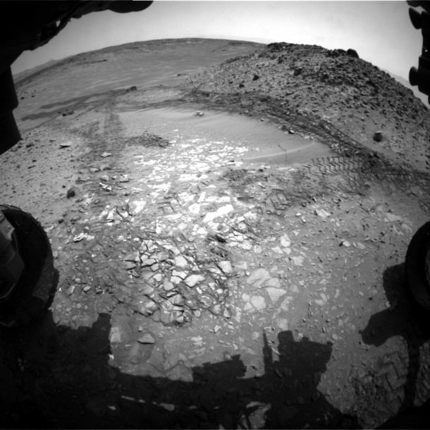 The pale rocks in the foreground of this Aug. 14, 2014, image from NASA's Curiosity Mars rover include the "Bonanza King" target under consideration to become the fourth rock drilled by the rover. The view from Curiosity's front Hazcam faces southward down a ramp into sandy-floored "Hidden Valley." Image Credit: NASA/JPL-Caltech The pale rocks in the foreground of this Aug. 14, 2014, image from NASA's Curiosity Mars rover include the "Bonanza King" target under consideration to become the fourth rock drilled by the rover. The view from Curiosity's front Hazcam faces southward down a ramp into sandy-floored "Hidden Valley." Image Credit: NASA/JPL-Caltech