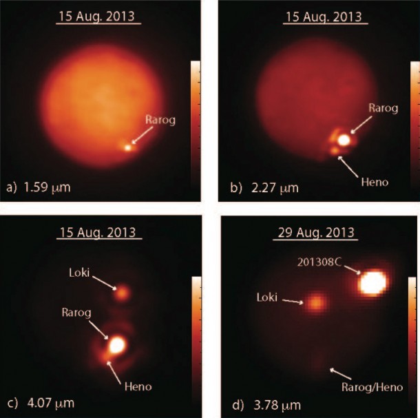 These images show Jupiter’s moon Io obtained at different infrared wavelengths (in microns, μm, or millionths of a meter) with the W. M. Keck Observatory's 10-meter Keck II telescope on Aug. 15, 2013 (a-c), and the Gemini North telescope on Aug. 29, 2013 (d). Image Credit: Imke de Pater and Katherine de Kleer/UC Berkeley/Gemini/Keck These images show Jupiter’s moon Io obtained at different infrared wavelengths (in microns, μm, or millionths of a meter) with the W. M. Keck Observatory's 10-meter Keck II telescope on Aug. 15, 2013 (a-c), and the Gemini North telescope on Aug. 29, 2013 (d). Image Credit: Imke de Pater and Katherine de Kleer/UC Berkeley/Gemini/Keck
