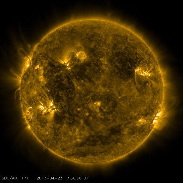 NASA's Solar Dynamics Observatory captured this image of what the sun looked like on April 23, 2013, at 1:30 p.m. EDT when the EUNIS mission launched. EUNIS focused on an active region of the sun, seen as bright loops in the upper right in this picture. Image Credit: NASA/SDO NASA's Solar Dynamics Observatory captured this image of what the sun looked like on April 23, 2013, at 1:30 p.m. EDT when the EUNIS mission launched. EUNIS focused on an active region of the sun, seen as bright loops in the upper right in this picture. Image Credit: NASA/SDO