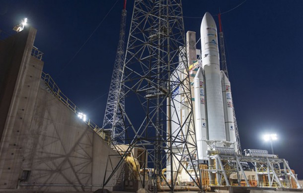 Ariane 5 is shown in the ELA-3 launch zone prior to its liftoff on Flight VA218, which orbited the MEASAT-3b and Optus 10 satellites. Ariane 5 is shown in the ELA-3 launch zone prior to its liftoff on Flight VA218, which orbited the MEASAT-3b and Optus 10 satellites.