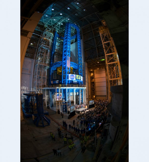 A 16mm fisheye lens was used to show a wide angle view of the Vertical Assembly Center at NASA’s Michoud Assembly Facility in New Orleans at a ribbon-cutting ceremony Sept 12. The VAC is the largest spacecraft welding tool in the world. It is part of a family of state-of-the-art tools designed to weld the core stage of the Space Launch System, the most powerful rocket ever built for mission deep in space. Image Credit: NASA A 16mm fisheye lens was used to show a wide angle view of the Vertical Assembly Center at NASA’s Michoud Assembly Facility in New Orleans at a ribbon-cutting ceremony Sept 12. The VAC is the largest spacecraft welding tool in the world. It is part of a family of state-of-the-art tools designed to weld the core stage of the Space Launch System, the most powerful rocket ever built for mission deep in space. Image Credit: NASA