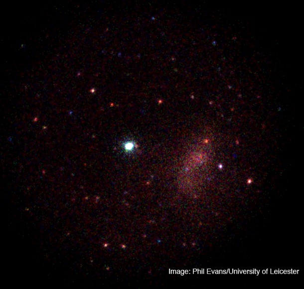 The X-ray image from the Swift X-ray Telescope of the gamma-ray burst GRB 130925. The white object in the center is the gamma-ray burst. The large diffuse region to the right is a cluster of galaxies. The other objects are X-ray-emitting celestial objects, most likely supermassive black holes at the centers of distant galaxies. The full image is approximately the size of the full moon. Credit: Phil Evans/ University of Leicester The X-ray image from the Swift X-ray Telescope of the gamma-ray burst GRB 130925. The white object in the center is the gamma-ray burst. The large diffuse region to the right is a cluster of galaxies. The other objects are X-ray-emitting celestial objects, most likely supermassive black holes at the centers of distant galaxies. The full image is approximately the size of the full moon. Credit: Phil Evans/ University of Leicester