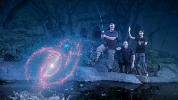 Scientists "fish" for galaxies in this playful, digitally altered photo. The researchers are part of a program called SPLASH, which is using NASA's Spitzer Space Telescope to dive deep into the cosmic sea and find some of the most remote galaxies known. Image Credit: NASA/JPL-Caltech Scientists "fish" for galaxies in this playful, digitally altered photo. The researchers are part of a program called SPLASH, which is using NASA's Spitzer Space Telescope to dive deep into the cosmic sea and find some of the most remote galaxies known. Image Credit: NASA/JPL-Caltech